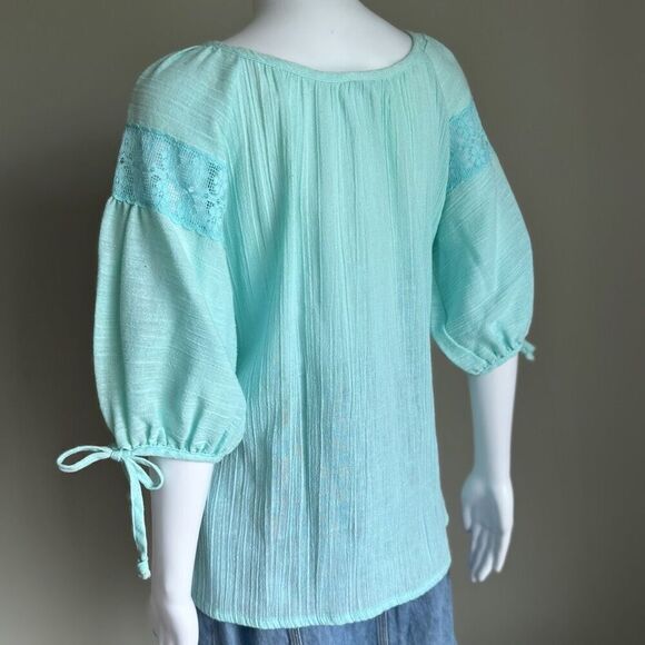 Vintage Sea Glass Blue Peasant Top Blouse Crotchet Lace Size M - Picture 5 of 7